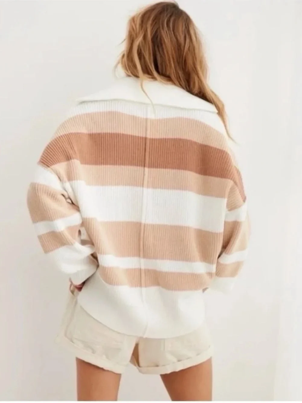 Aerie Striped Quarter-Zip Oversized Sweater in Cream & Tan size XL - Picture 2 of 12